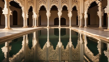 Intricately designed luxury spa or indoor pool - wooden arches, tranquil environment