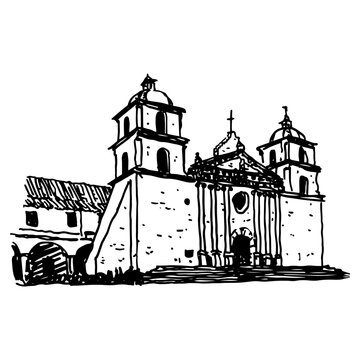 Mission Santa Barbara, California, United States. Misión de Santa Bárbara. Hand drawn linear doodle rough sketch. Black and white silhouette.