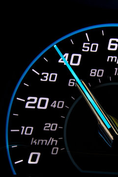 Blue and White Spedometer Closeup at 40 Miles per Hour