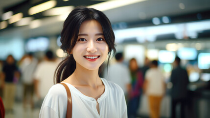 An attractive and joyful Asian female traveler are flying by plane