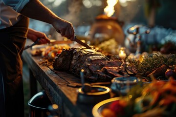 A Chef's Station at a Countryside Wedding Reception Presents an Elegant Buffet, Enhancing the Rustic Celebration with Gourmet Cuisine