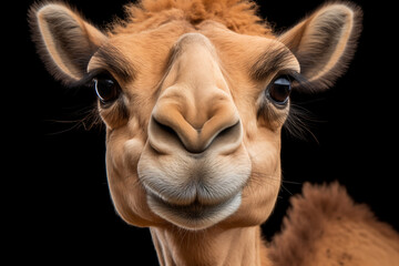 Obraz premium portrait of a camel in close-up looking at camera on black background