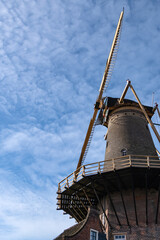 Molen De Roos is the last surviving windmill of the fifteen in Delft. de Roos windmill (The Rose), was built in 1679 and was used for the grinding of corn. Delft, the Netherlands.