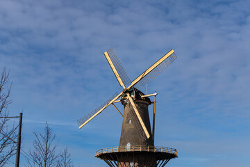 The Molen de Roos windmill in Delft, the Netherlands. The mill dates from the 14th century and took its current form in 1760.