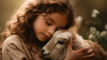 A girl gently embraces a sheep in a soft, affectionate way.
