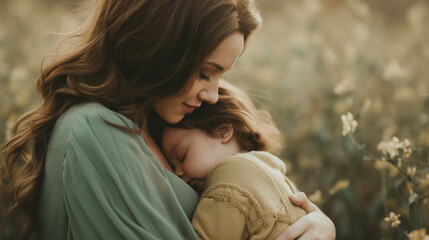 A mother hugs her child lovingly in a field of flowers.