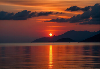 red sunset on the sea, shoreline red sky, waves