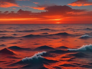 red sunset on the sea, shoreline red sky, waves