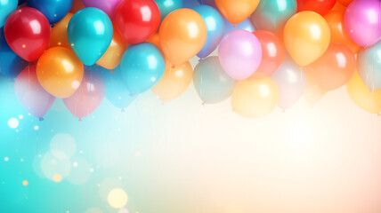 bunte Party Ballons in vielen verschiedenen Farben und mit Platz für Text. Querformat 16:9. Generative Ai.