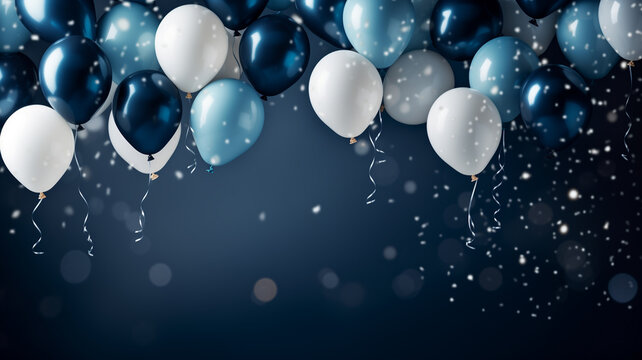 blaue und wei&szlig;e Ballons mit Platz f&uuml;r Text. Querformat 16:9. Generative Ai.
