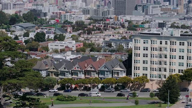 Painted Ladies Victorian houses in Alamo Square. San Francisco, California cityscape at Alamo Square. It is the row of Victorian houses at Steiner.