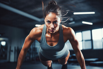 Fototapeta na wymiar The strength and agility of female athlete as she engages in high intensity interval training at the gym, beautiful athletic woman working out