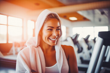 Beautiful athletic woman smiling while listening to music with headphones on and working out, gorgeous female in gym, healthy lifestyle