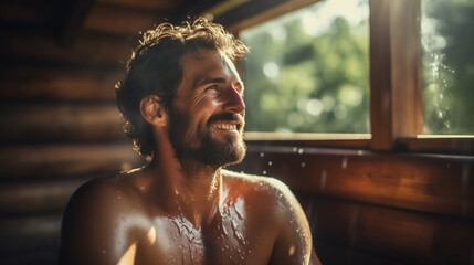 relaxed and happy man in the shower of a spa or sauna - obrazy, fototapety, plakaty