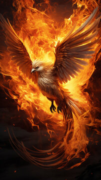Wallpaper Phoenix bird with fire digital illustration on black background. HD Background, mobile Wallpaper