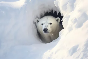 Deurstickers Large polar bear on ice. White bear on snowy background peeks out from a snowy den. Wildlife nature. Melting iceberg and global warming. Climate change concept © ratatosk
