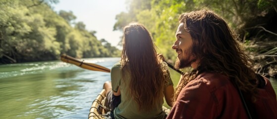 Couple in a canoe on the river. Man and woman in a canoe on the river. - obrazy, fototapety, plakaty