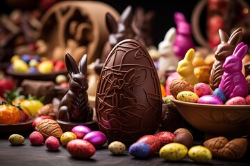 Easter set chocolate ornate eggs and rabbits - obrazy, fototapety, plakaty