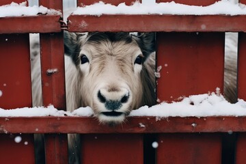 Small calf peeks out behind the fence. Young cow on the farm in winter. Vegetarian and vegan lifestyle and nature respect concept. Save farm animal. Veterinarian help