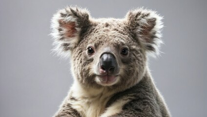 A fluffy koala bear perches with a gentle gaze in a minimalist studio, its distinctive marsupial features highlighted against the bright background.