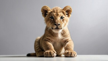 A lion cub sits with an inquisitive look, its juvenile features and budding mane evident in the bright minimalist studio setting.