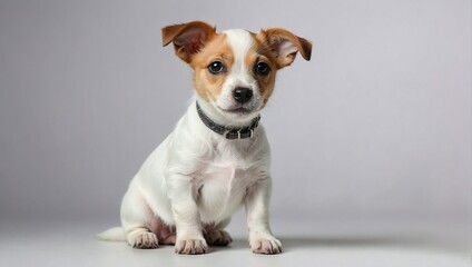 A curious Jack Russell Terrier puppy with a white and brown coat and a black collar sits in a minimalist studio, its puppy eyes full of wonder.