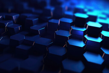 Fototapeta premium Hexagonal geometric ultra wide background. Abstract blue of futuristic. Sci fi banner, cover. 3d render illustration.