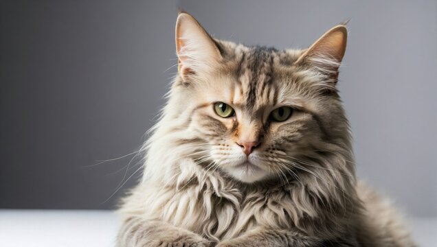 A luxurious grey Maine Coon cat with long fur and piercing yellow eyes exudes elegance in a minimalist photography studio, its dignified pose highlighting the breed's sophistication.