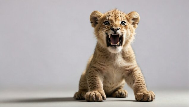 A playful lion cub roars adorably, its small yet powerful form captured in a minimalist photography studio, evoking the iconic call of the wild.