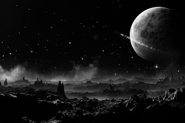 A monochromatic, celestial landscape with a large planet, stars, rocky terrain, and a distant galaxy.