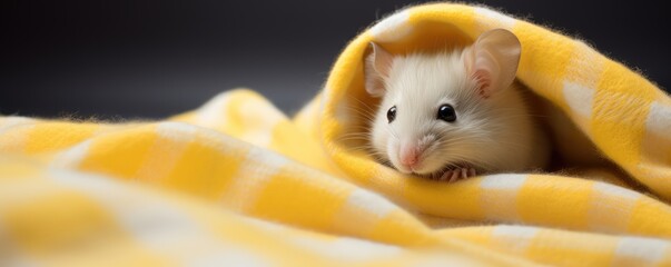 Cute small rat wrapped in yellow knitted plaid. Cute funny mouse under knitted blanket. Domestic pet. Warm and cozy winter or autumn consept