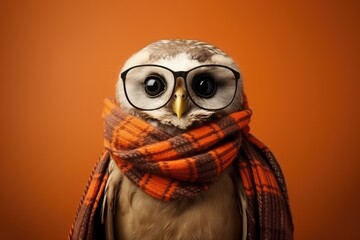 Funny serious owl wearing in glass and orange warm knitted scarf on clear bright background. Banner with wild bird. Hello winter and autumn concept with copy space. Happy New Year and Christmas