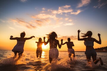 Fototapeta premium Five friends juping in the ocean at sunset