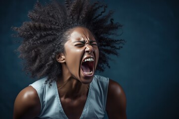 an angry african american young woman yelling at the camera. angry and distressed looking. hair is messy.  - obrazy, fototapety, plakaty