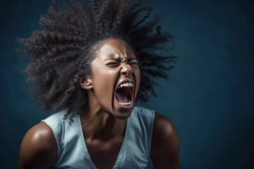 Fotobehang an angry african american young woman yelling at the camera. angry and distressed looking. hair is messy.  © AIPERA