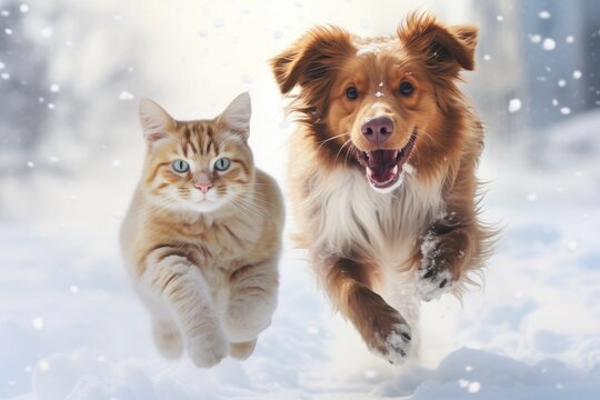 Cat and dog playing in the snow in sunny day. ute animals running in winter field, walking in the park. Friends and family concept. Funny Christmas concept. Banner with pet
