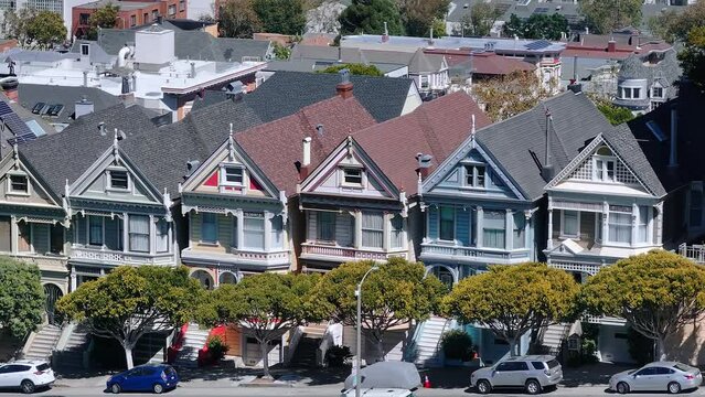 Painted Ladies Victorian houses in Alamo Square. San Francisco, California cityscape at Alamo Square. It is the row of Victorian houses at Steiner.