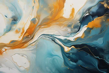 Gardinen An abstract painting of gold and orange marble background, in the style of fluid and flowing lines, dark white and light cyan, light white and light black © Iwankrwn