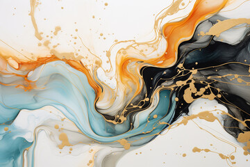 An abstract painting of gold and orange marble background, in the style of fluid and flowing lines, dark white and light cyan, light white and light black - obrazy, fototapety, plakaty