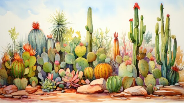 Light colors watercolor illustration  of few cactus in desert, generated with AI