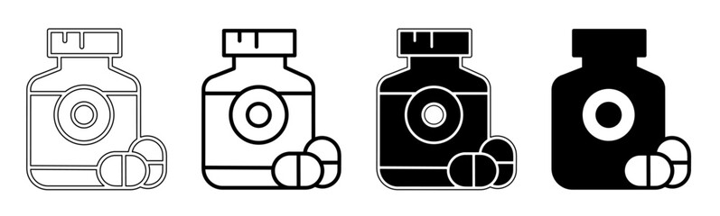 Black and white illustration of a capsule bottle. Capsule bottle icon collection with line. Stock vector illustration. - obrazy, fototapety, plakaty