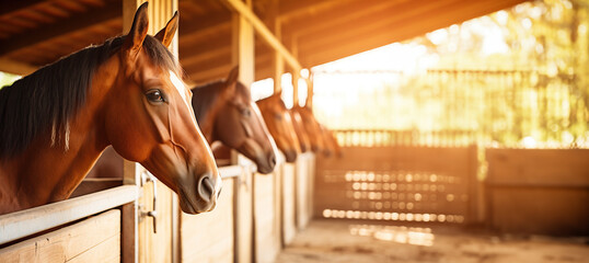 horses in stable with copy space - obrazy, fototapety, plakaty