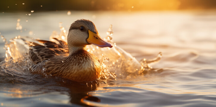 duck in the water at sunset