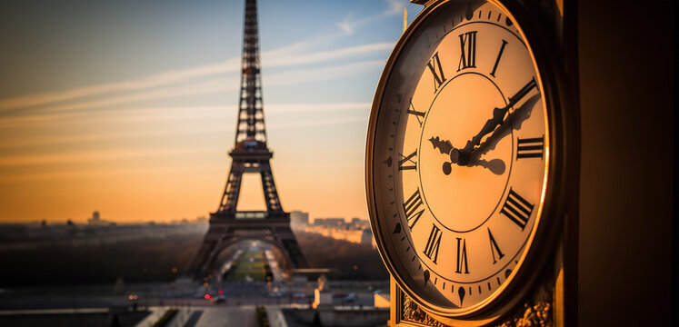clock tower in front of the eiffel tower, paris