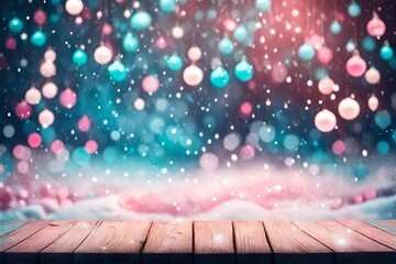 Festive Christmas stage scene background with wooden floor in snow and defocused Christmas lights. Blue and pink turquoise tones, evening, copy space. - obrazy, fototapety, plakaty