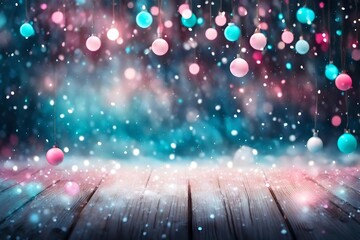 Festive Christmas stage scene background with wooden floor in snow and defocused Christmas lights. Blue and pink turquoise tones, evening, copy space. - obrazy, fototapety, plakaty