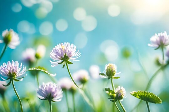 Spring wild meadow clover flowers, macro, soft focus. Blurred gentle blue background sky with beautiful bokeh, copy space. Floral romantic magic artistic image spring nature