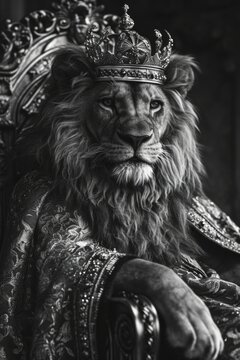 Portrait of a majestic lion in a royal robe and crown, black and white photo, generated with AI