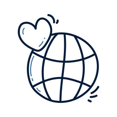 Hand drawn globe with heart doodle line illustration. globe with heart doodle icon vector.
