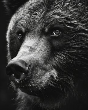 Black and white close up portrait of a bear, generated with AI